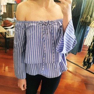 J.O.A striped off the shoulder top with tie front
